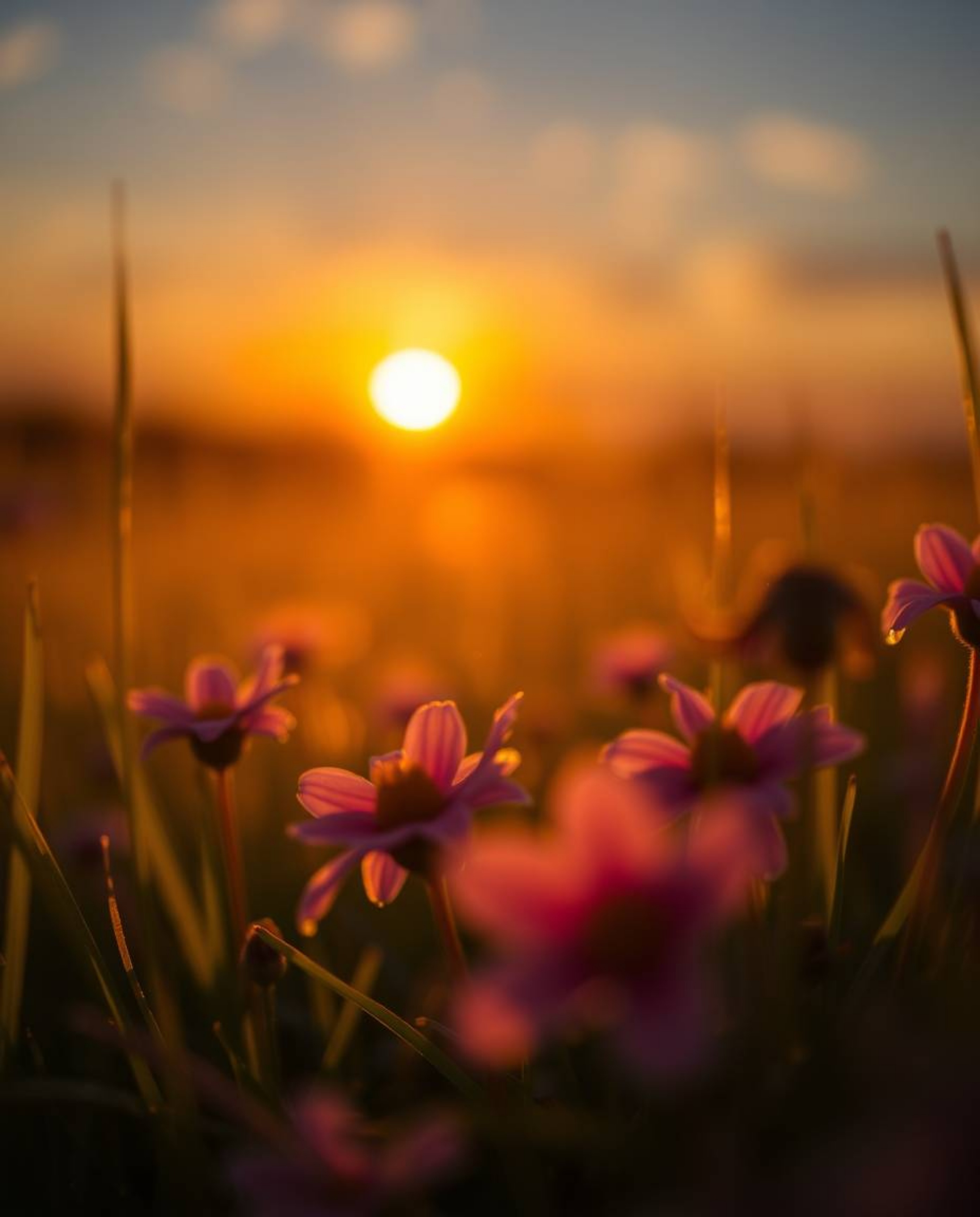 An extreme macro close-up photograph captures a spring wildflower meadow at sunset, focusing on abstract patterns and minute 
