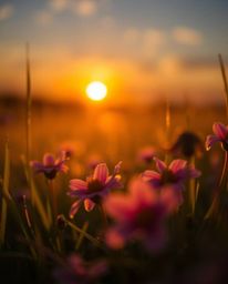 An extreme macro close-up photograph captures a spring wildflower meadow at sunset, focusing on abstract patterns and minute 