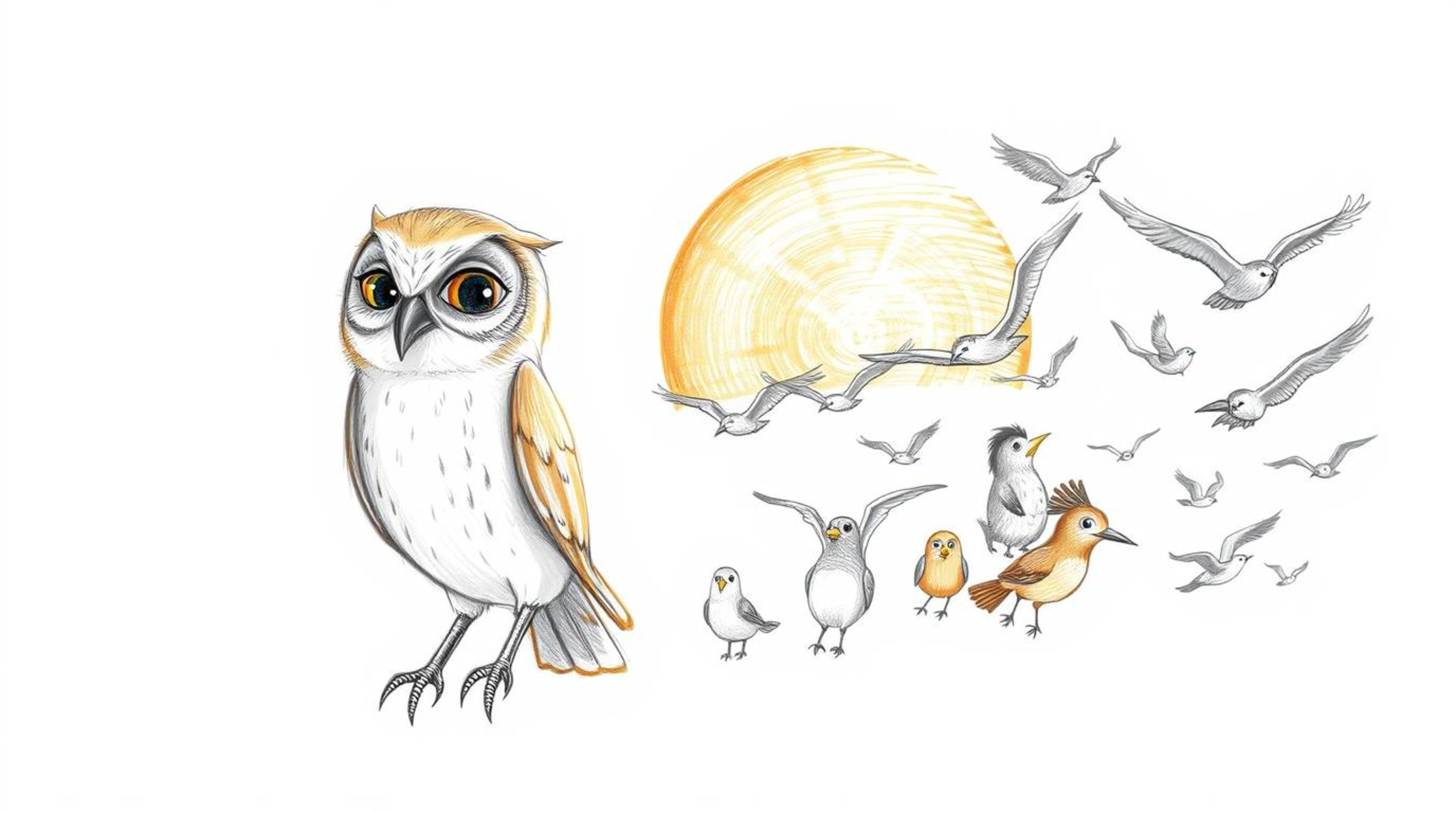 A heartwarming hand-drawn sketch in the Pixar style depicts a blind owl with soft, expressive features, guiding a diverse cla