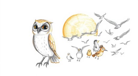 A heartwarming hand-drawn sketch in the Pixar style depicts a blind owl with soft, expressive features, guiding a diverse cla