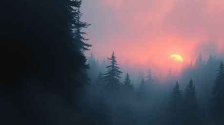 A captivating digital painting showcases a dense forest bathed in the warm hues of sunset.  Thick fog dramatically obscures t