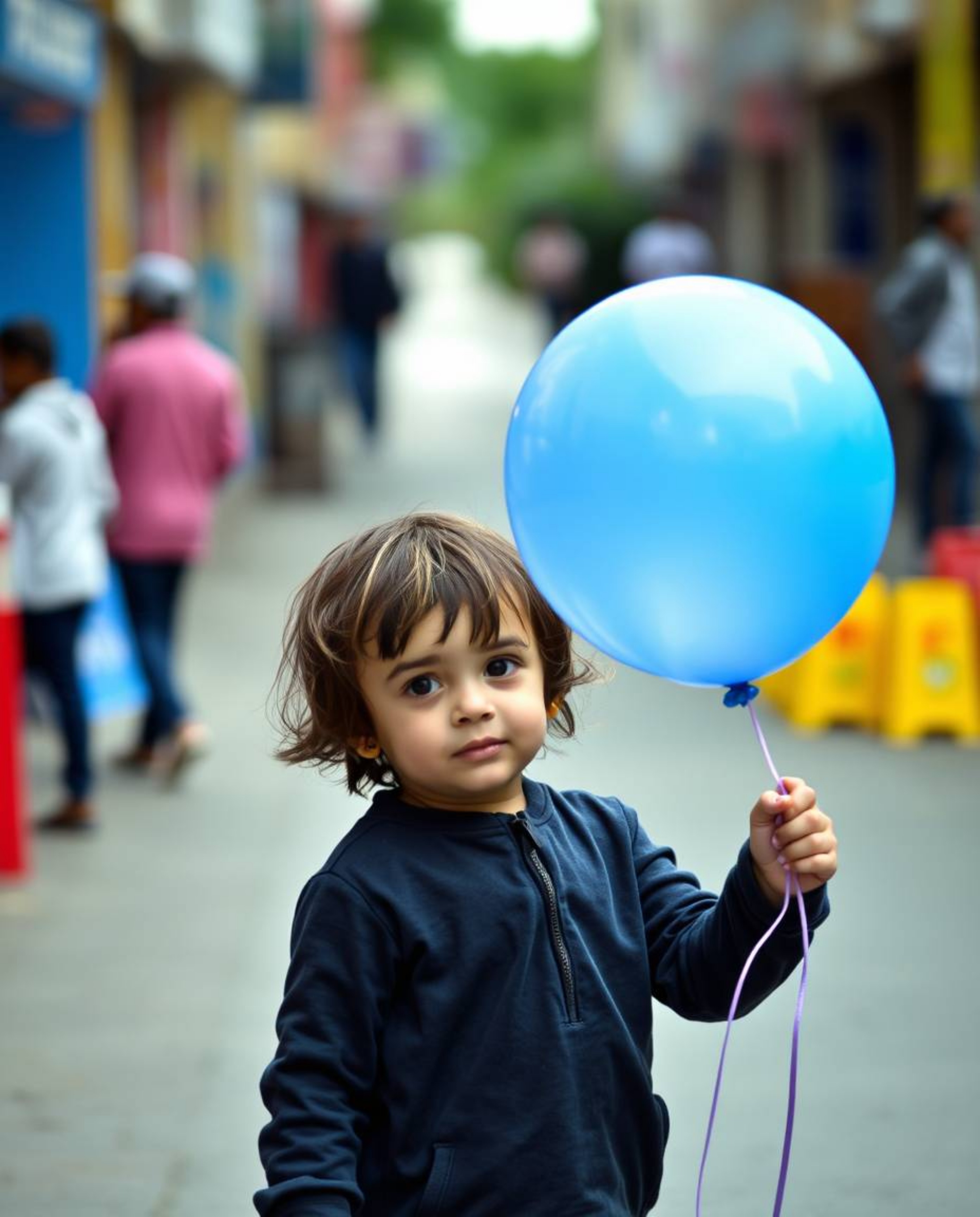 Captivating candid street photography featuring a child joyfully holding a balloon.  The image showcases a vibrant color pale