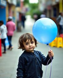 Captivating candid street photography featuring a child joyfully holding a balloon.  The image showcases a vibrant color pale