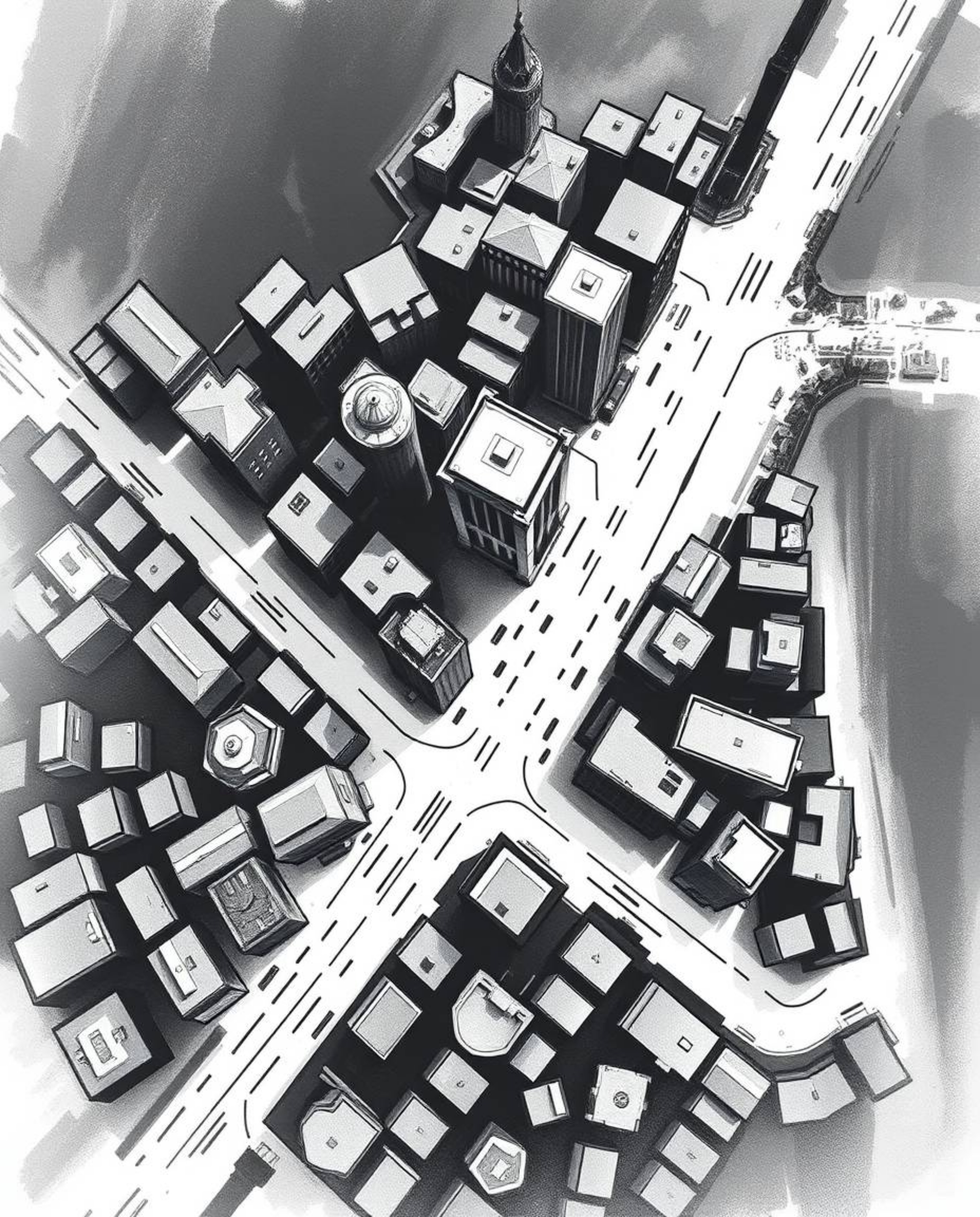 This abstract city map features a captivating top-down view composed of geometric shapes, rendered in a classic black and whi