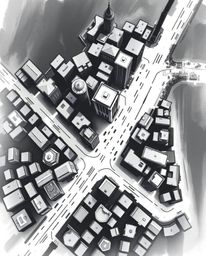 This abstract city map features a captivating top-down view composed of geometric shapes, rendered in a classic black and whi