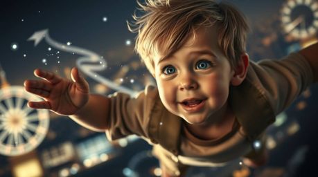A captivating image showcases an adorable young boy with enchanting features, soaring above the iconic London skyline with a