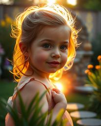 A child with delicate features stumbles upon a magical portal hidden in their backyard, bathed in a warm, golden light. This