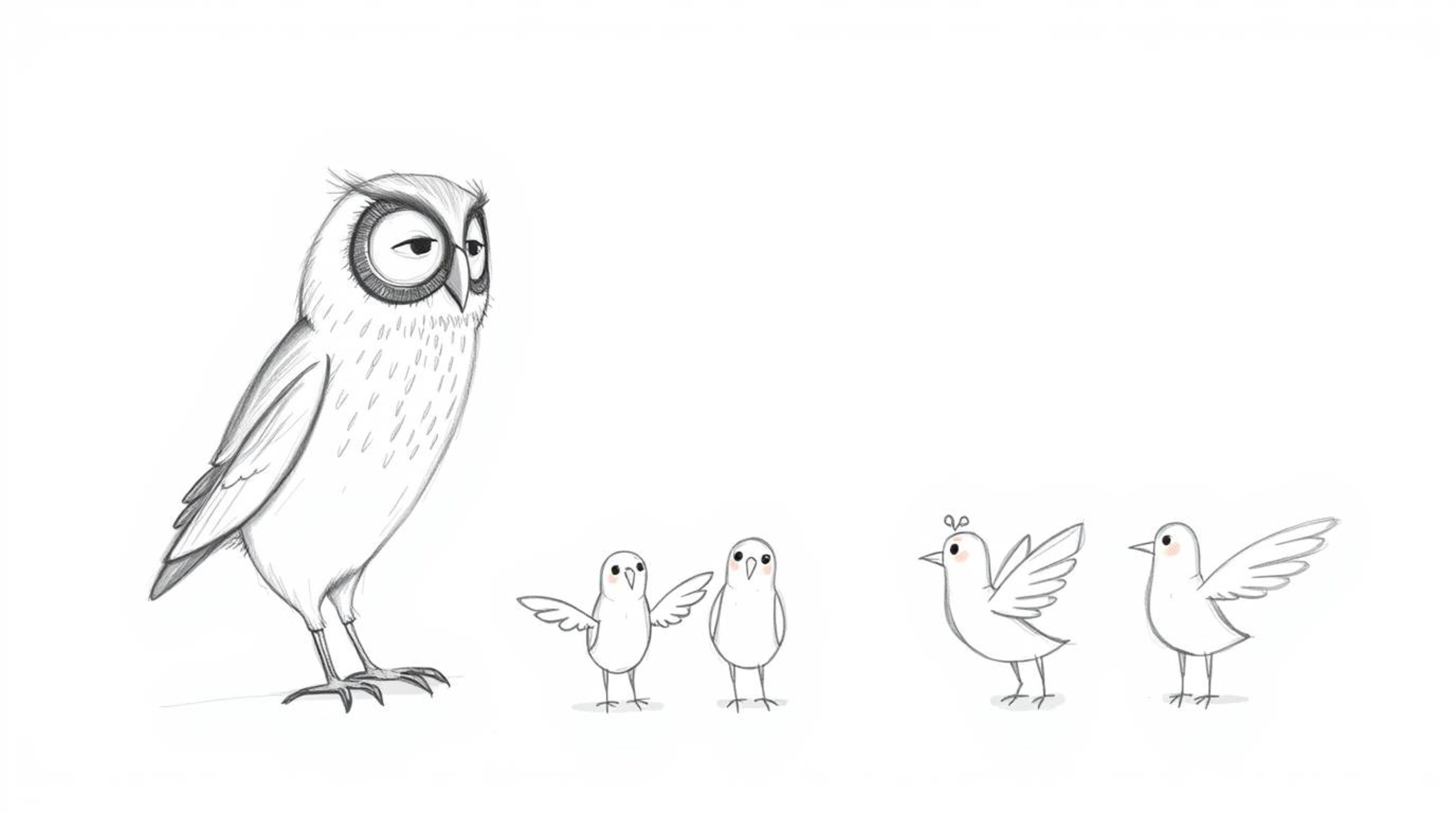A heartwarming scene depicts a blind owl, rendered in the charming style of Pixar, guiding a group of birds in their first at