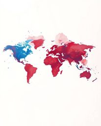 This artwork features a hand-drawn sketch of an abstract world map, beautifully rendered with rich burgundy and deep blue col