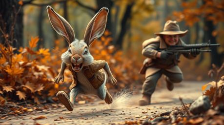 A hilarious scene depicting a wacky rabbit with exaggerated features outrunning a hunter in a slapstick chase. The earthy and