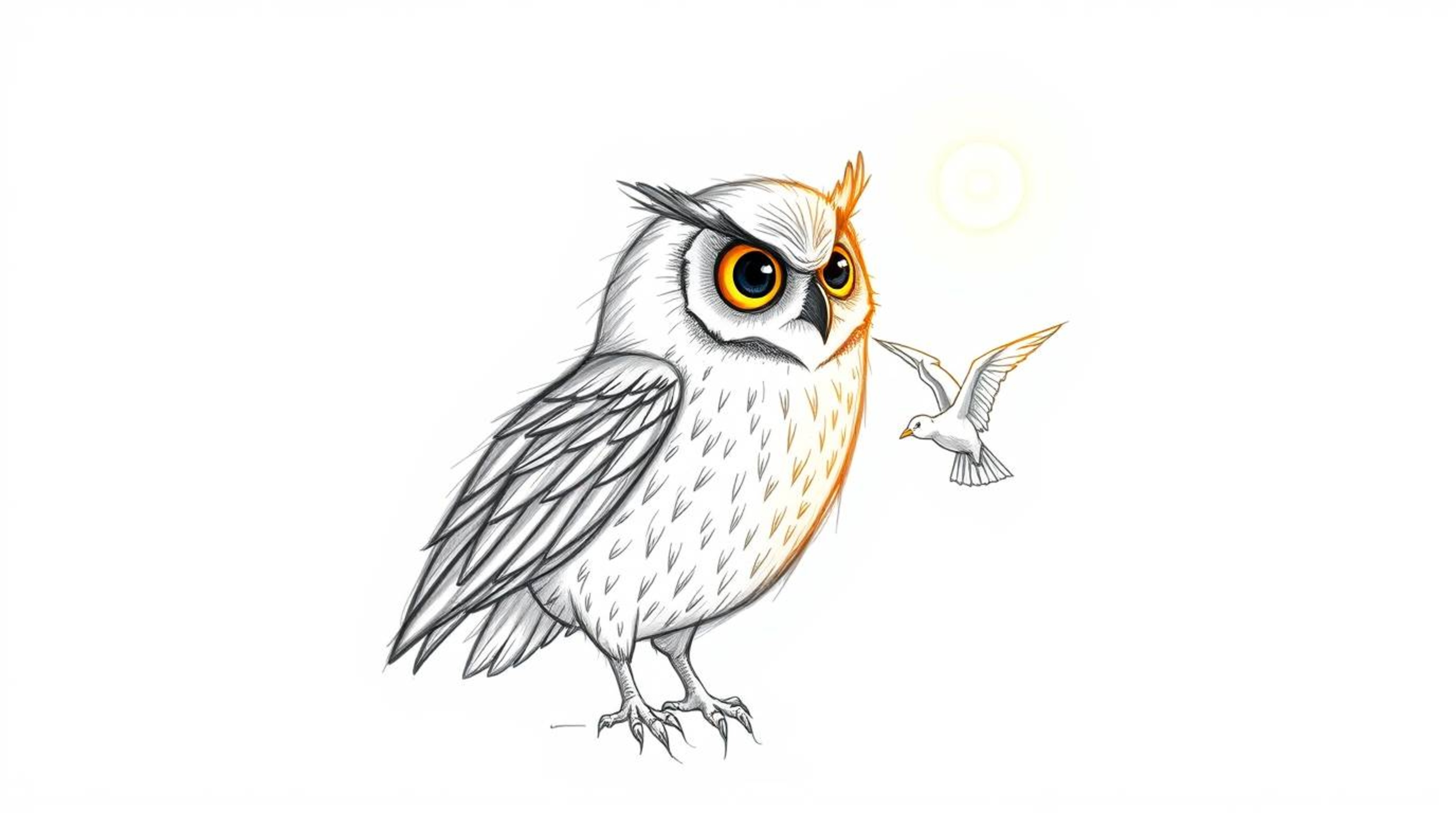 A captivating hand-drawn Pixar-style sketch depicts a blind owl imparting wisdom and guidance to a group of birds, teaching t