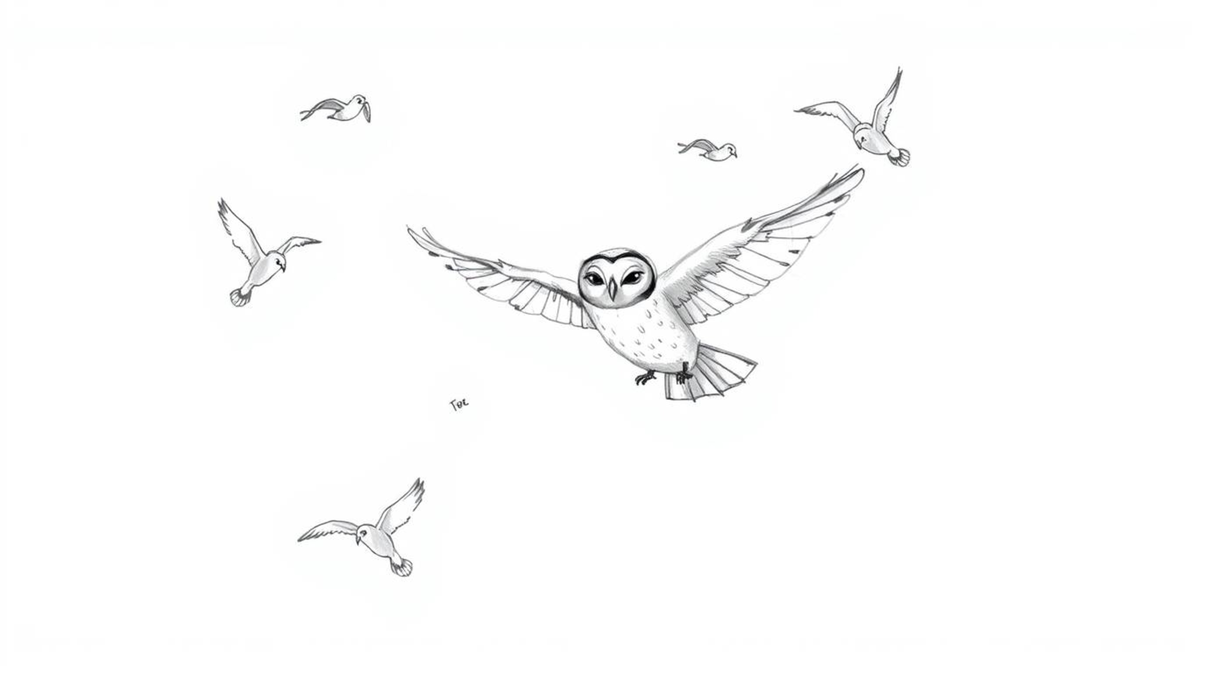 A heartwarming hand-drawn sketch in the style of Pixar depicts a blind owl magically teaching birds to fly.  The owl, sketche