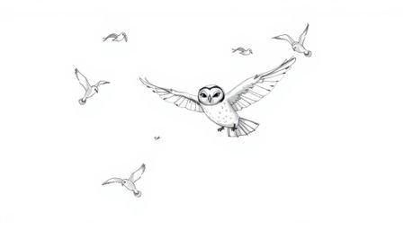A heartwarming hand-drawn sketch in the style of Pixar depicts a blind owl magically teaching birds to fly.  The owl, sketche