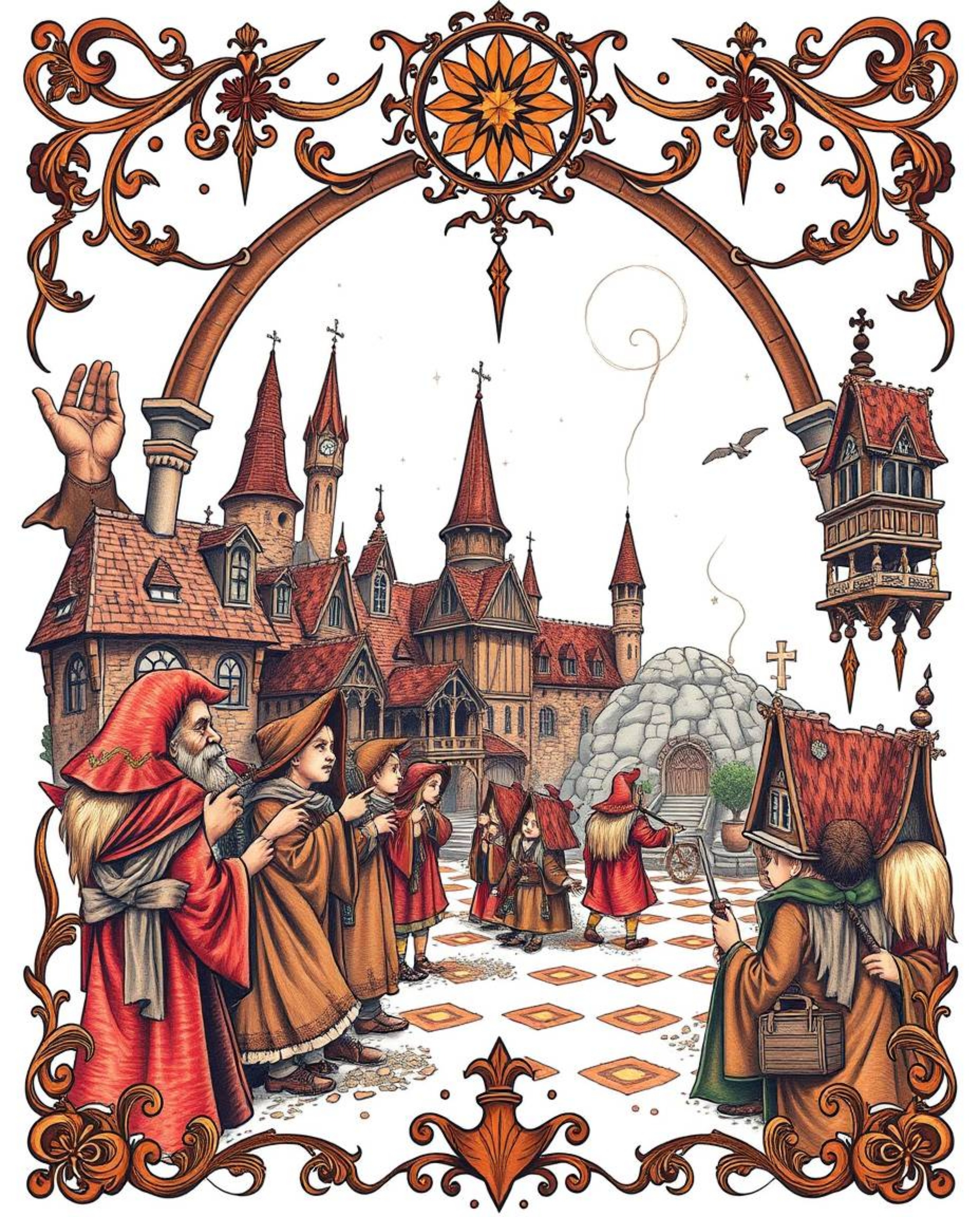 This symbolic traditional tattoo art print showcases a magical school teeming with young wizards, all set against a clean whi
