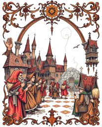 This symbolic traditional tattoo art print showcases a magical school teeming with young wizards, all set against a clean whi