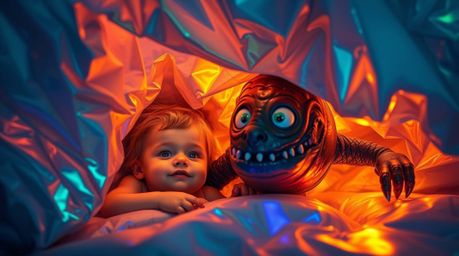 A heartwarming tale of unlikely friendship.  Discover a whimsical scene of a child and a shimmering, iridescent monster shari