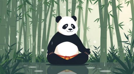 A modern flat design illustration depicts a serene martial artist panda meditating amidst a tranquil bamboo forest.  The imag