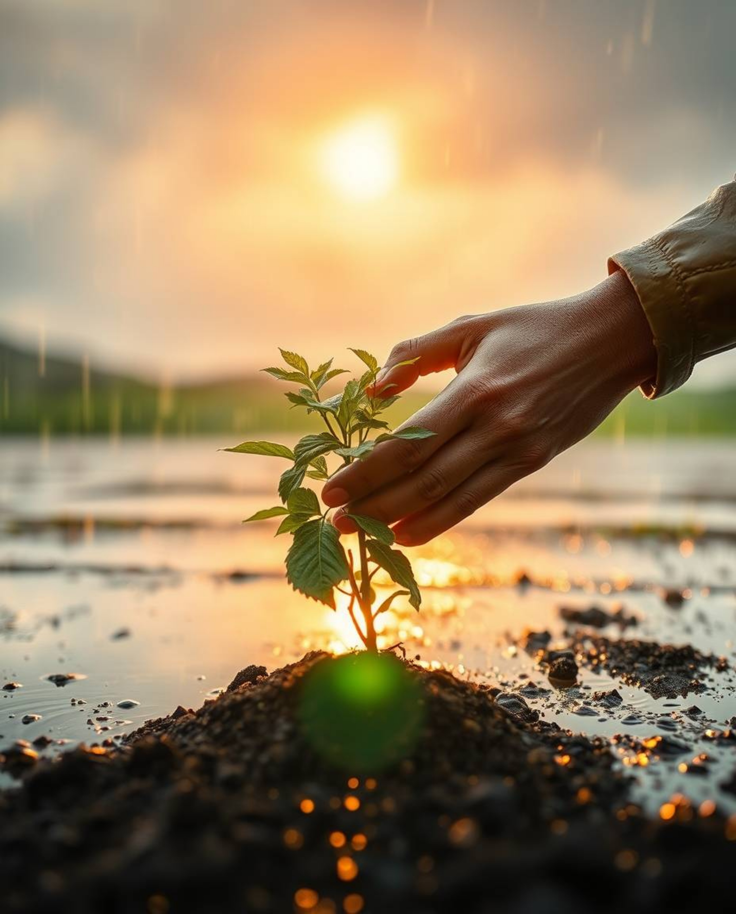 A captivating image depicting hands planting a tree under a breathtaking golden, rainy sky.  The scene is filled with iridesc