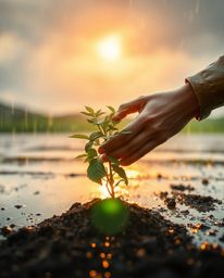 A captivating image depicting hands planting a tree under a breathtaking golden, rainy sky.  The scene is filled with iridesc