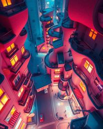 A captivating overhead view of a surreal street scene unfolds, showcasing buildings that fold and twist in mesmerizing biolum