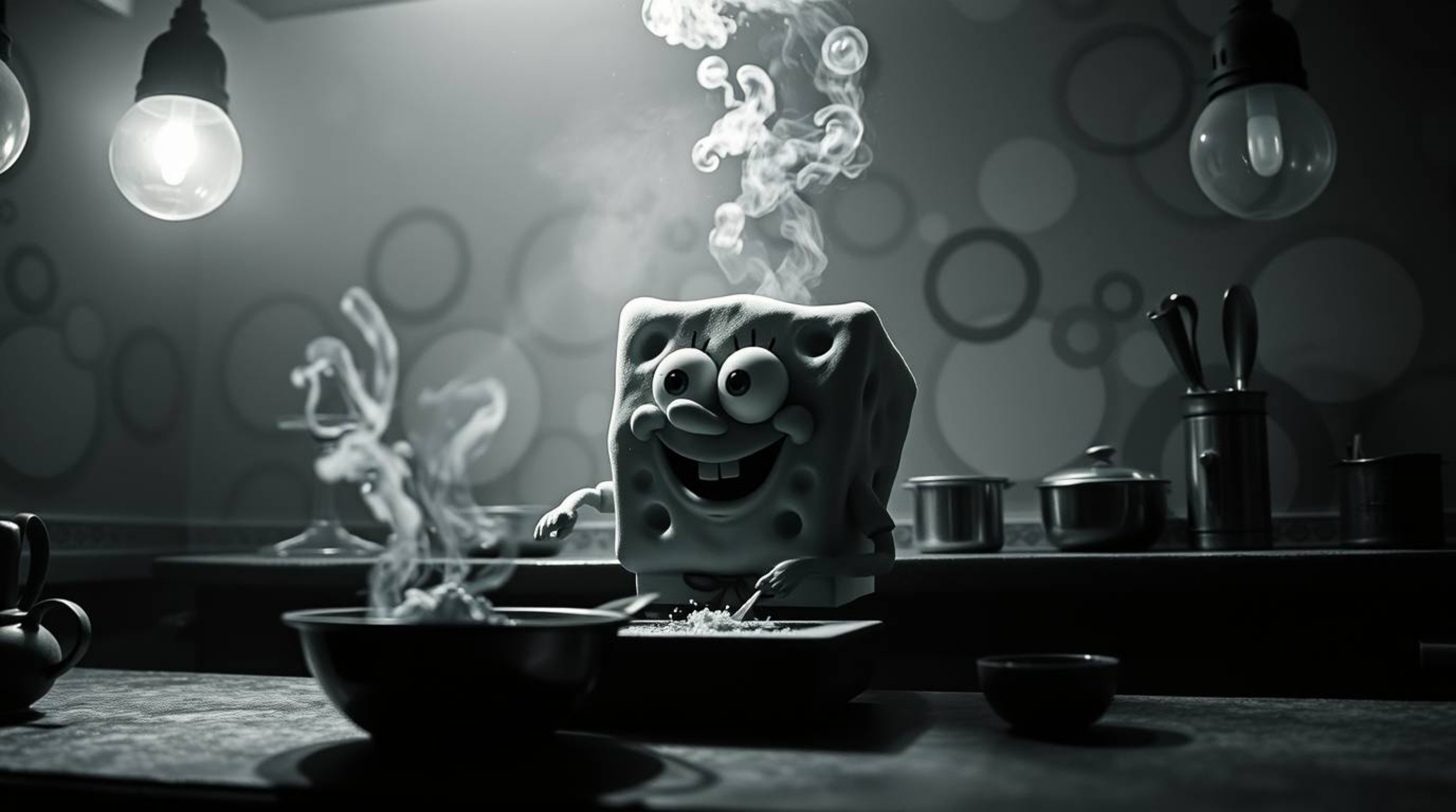 This classic black and white photograph captures a creative scene of a sponge character cooking in an underwater kitchen. The