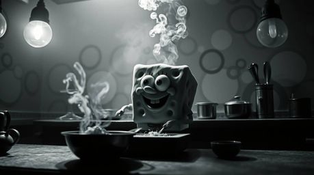 This classic black and white photograph captures a creative scene of a sponge character cooking in an underwater kitchen. The