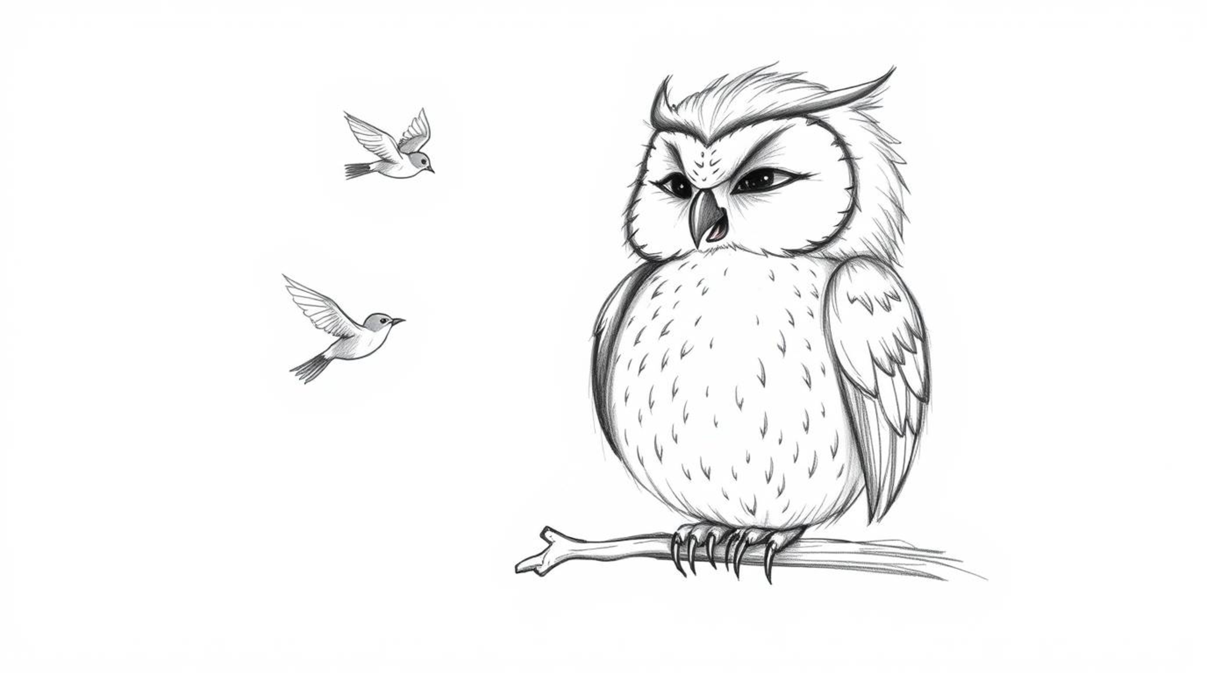 A hand-drawn sketch in the style of Pixar, featuring a serene blind owl with a soft, feathery texture, calmly perched while s