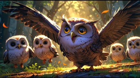 A truly heartwarming and adorable scene, created in a beautiful blend of Pixar and anime styles. A wise, blind owl mentor is 