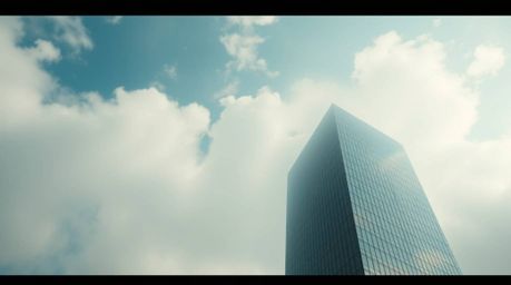 A captivating cinematic image depicts a modern glass building seamlessly dissolving into a soft, cloudy sky.  The soft focus 