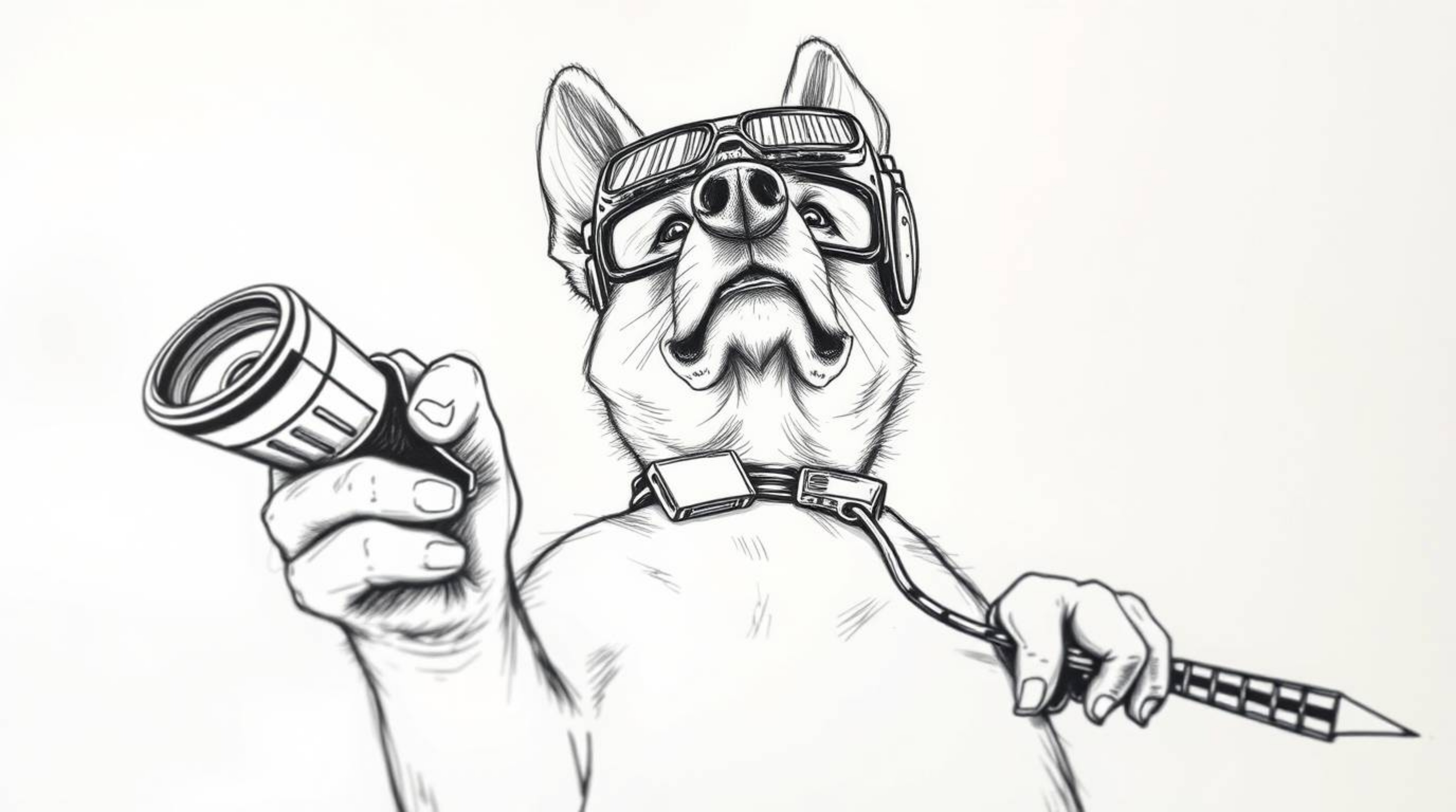 A hand-drawn sketch depicting a dog detective utilizing high-tech gadgets. The image showcases a low-angle perspective with r