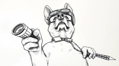 A hand-drawn sketch depicting a dog detective utilizing high-tech gadgets. The image showcases a low-angle perspective with r