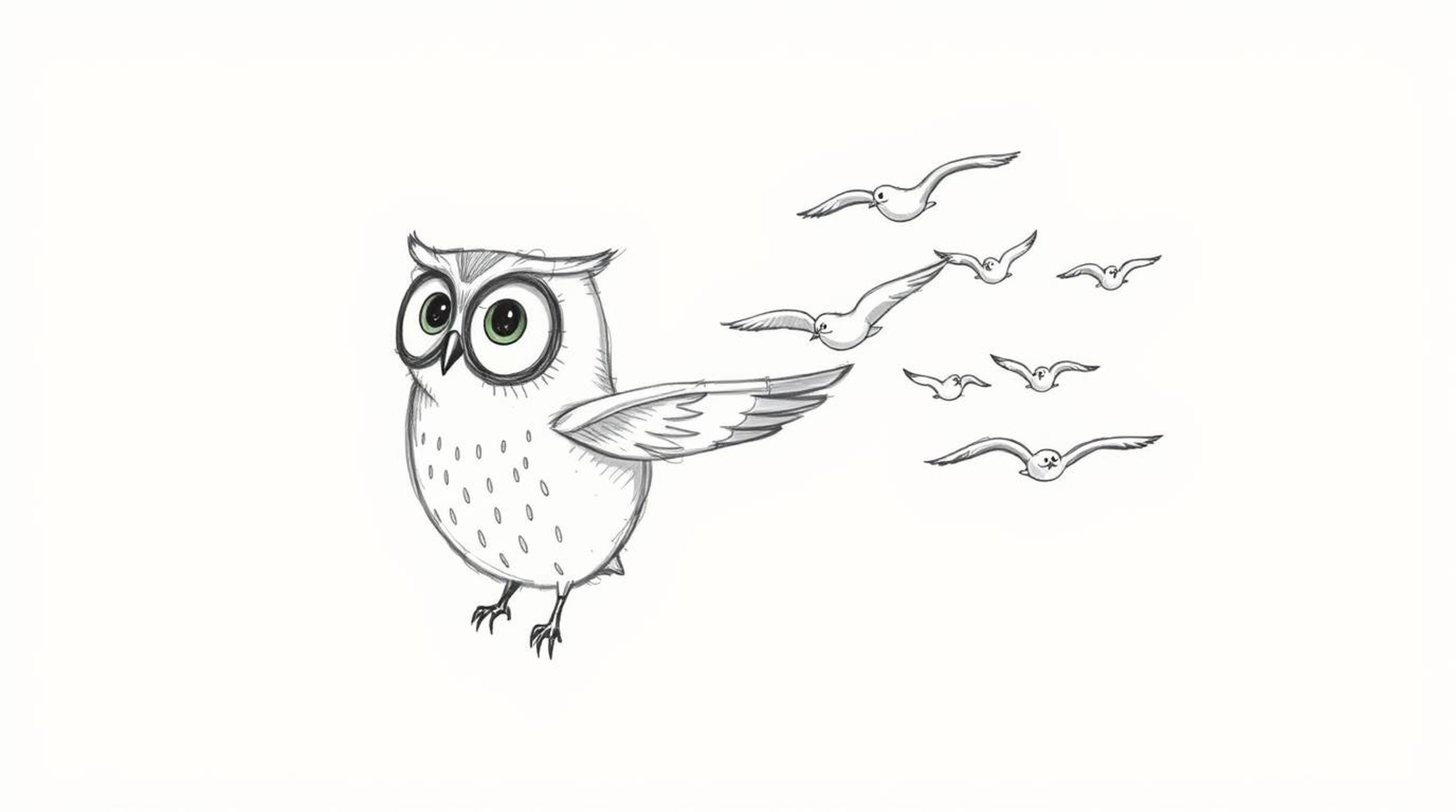 A charming, hand-drawn sketch reminiscent of Pixar's style portrays a heartwarming scene. A blind owl, characterized by its l