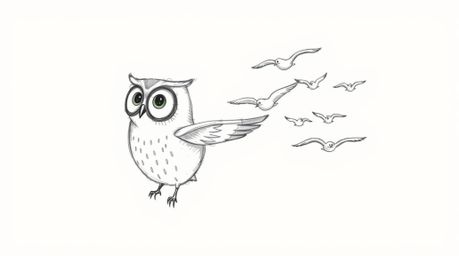 A charming, hand-drawn sketch reminiscent of Pixar's style portrays a heartwarming scene. A blind owl, characterized by its l