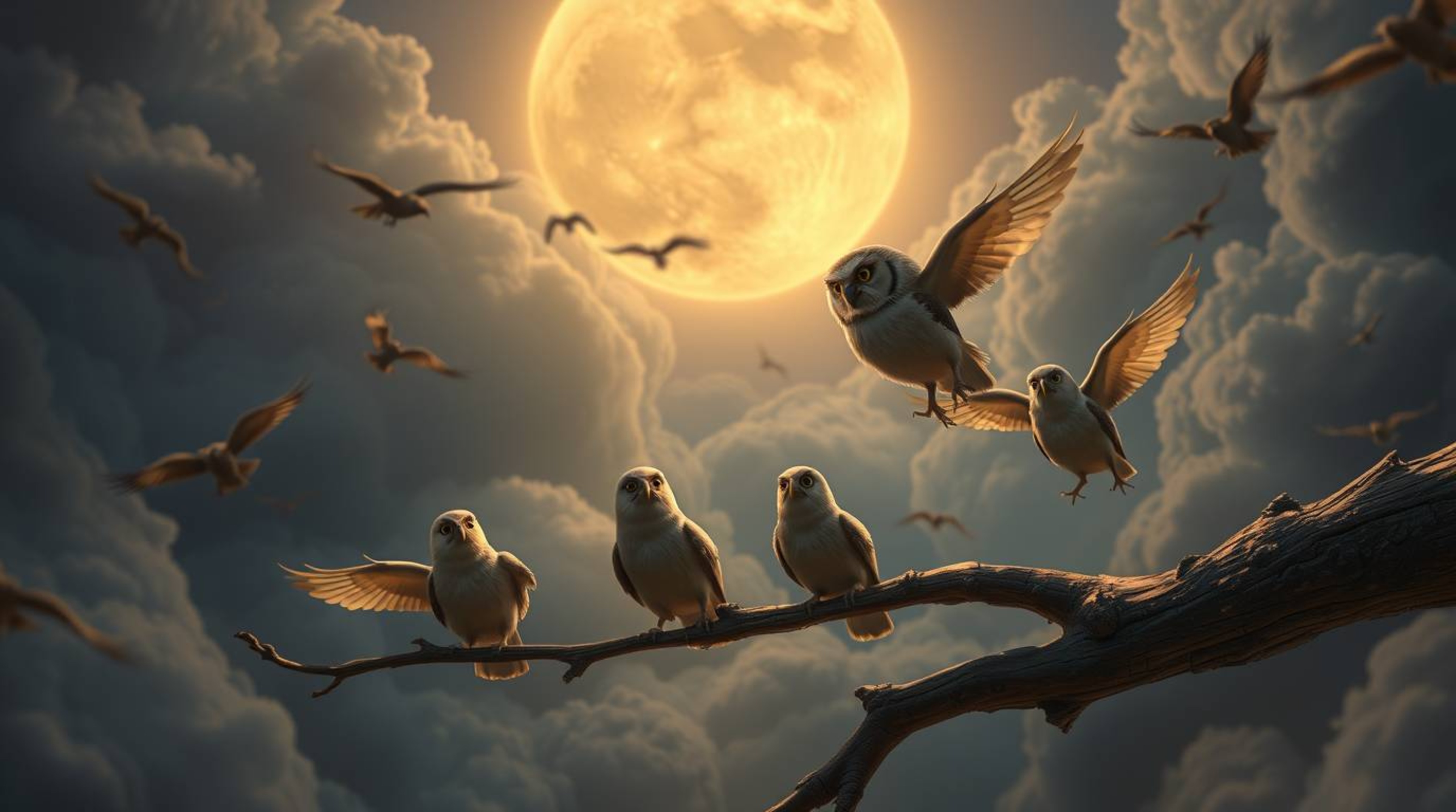 Experience a dreamlike and surreal scene featuring a blind owl in a Pixar-inspired style, tenderly teaching birds how to fly.