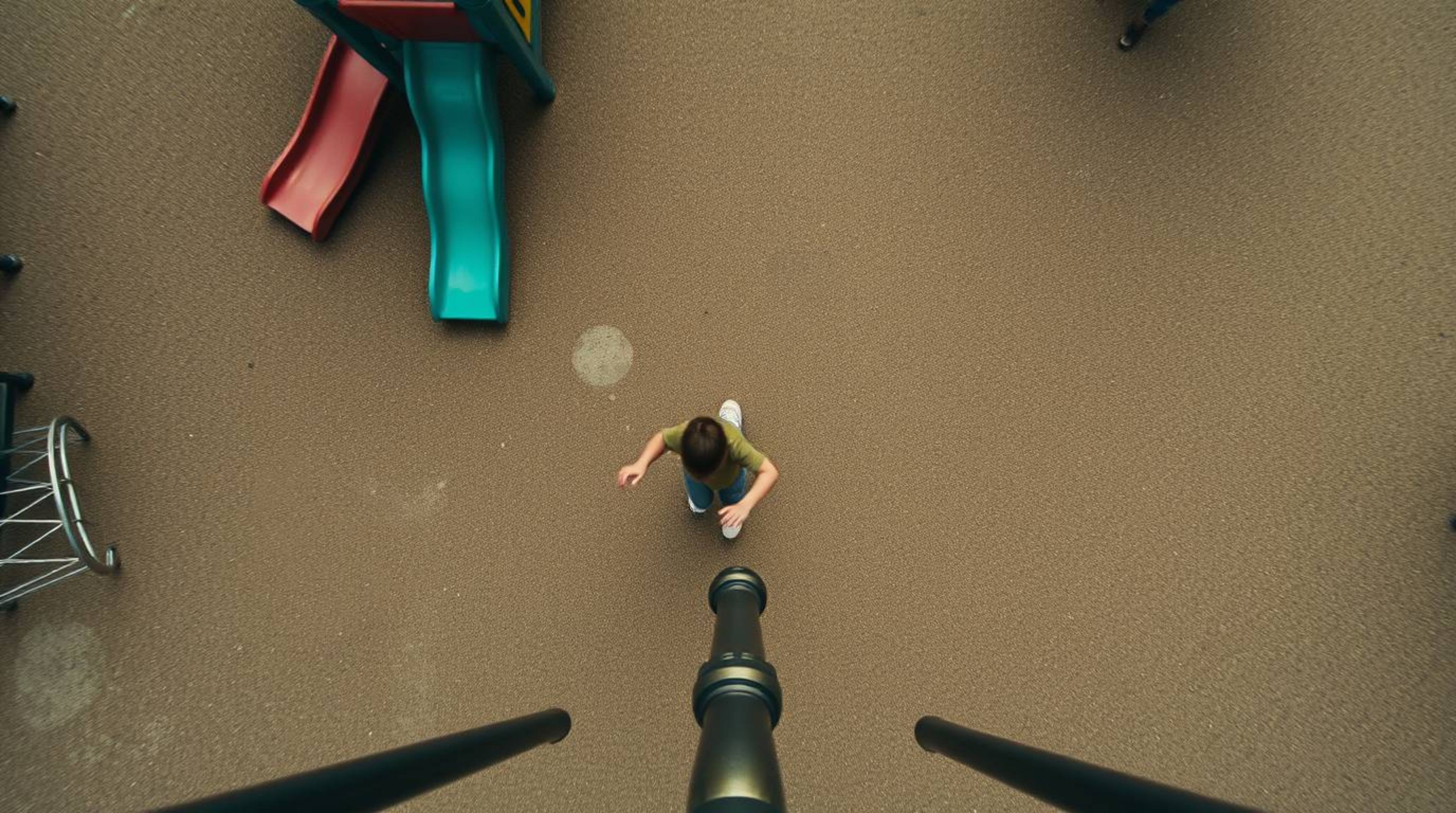 Experience a dramatic slow-motion run through a playground, captured from a breathtaking overhead bird's eye view.  The antiq