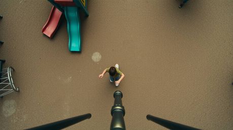 Experience a dramatic slow-motion run through a playground, captured from a breathtaking overhead bird's eye view.  The antiq