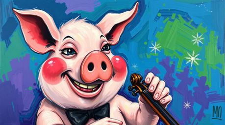 A playful acrylic painting depicts a rosy-cheeked pig with a mischievous grin attempting to conduct an orchestra.  Vibrant bl