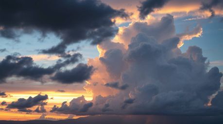 Capture the breathtaking beauty of adorable thunderstorm clouds dramatically illuminated by a vibrant sunset.  This stunning 