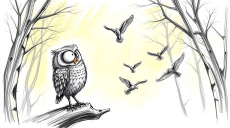 A captivating Pixar-inspired hand-drawn sketch depicts a blind owl with expressive features, guiding a flock of birds in flig