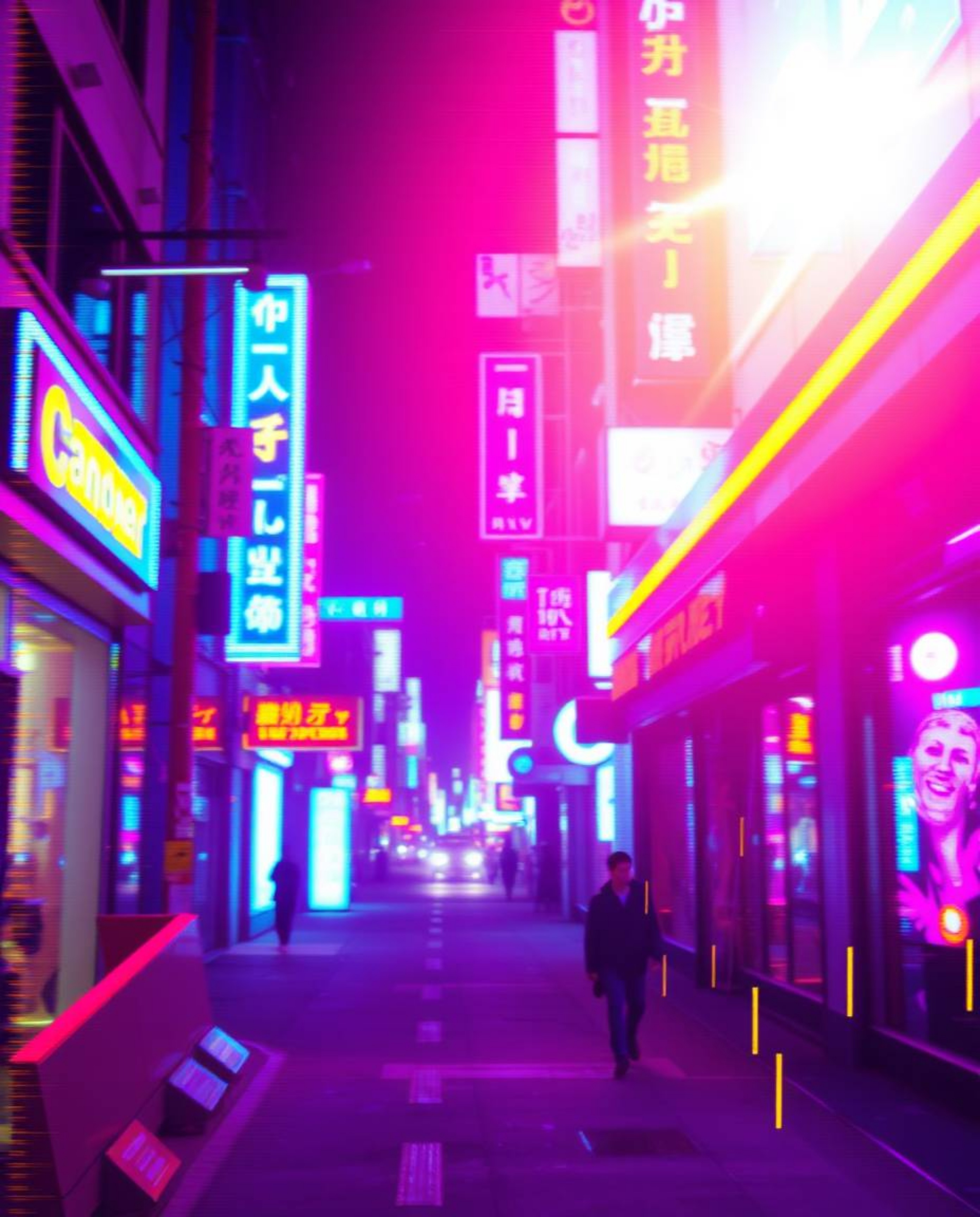 High-resolution stock photo featuring a vibrant cyberpunk street scene with a pixelated glitch effect.  The image showcases n