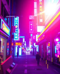 High-resolution stock photo featuring a vibrant cyberpunk street scene with a pixelated glitch effect.  The image showcases n