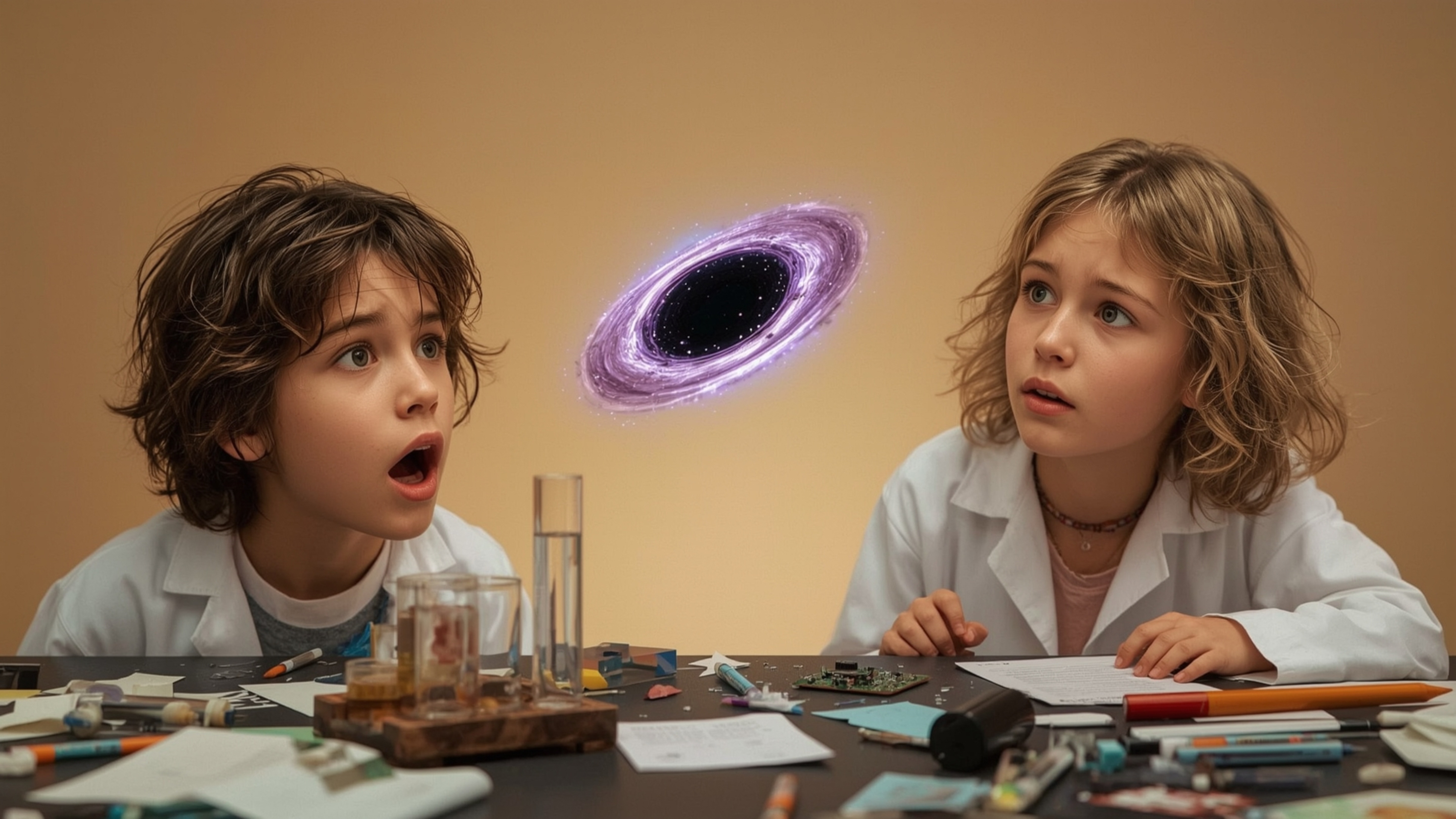 In a vibrant, cinematic photograph with a distinct Pixar-inspired style, two young science fair participants reel in shock, a