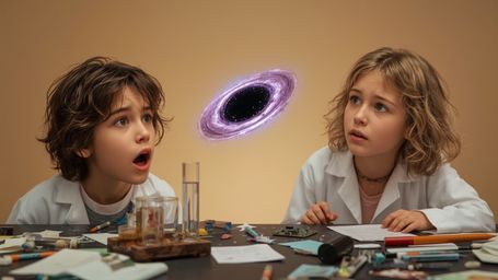 In a vibrant, cinematic photograph with a distinct Pixar-inspired style, two young science fair participants reel in shock, a