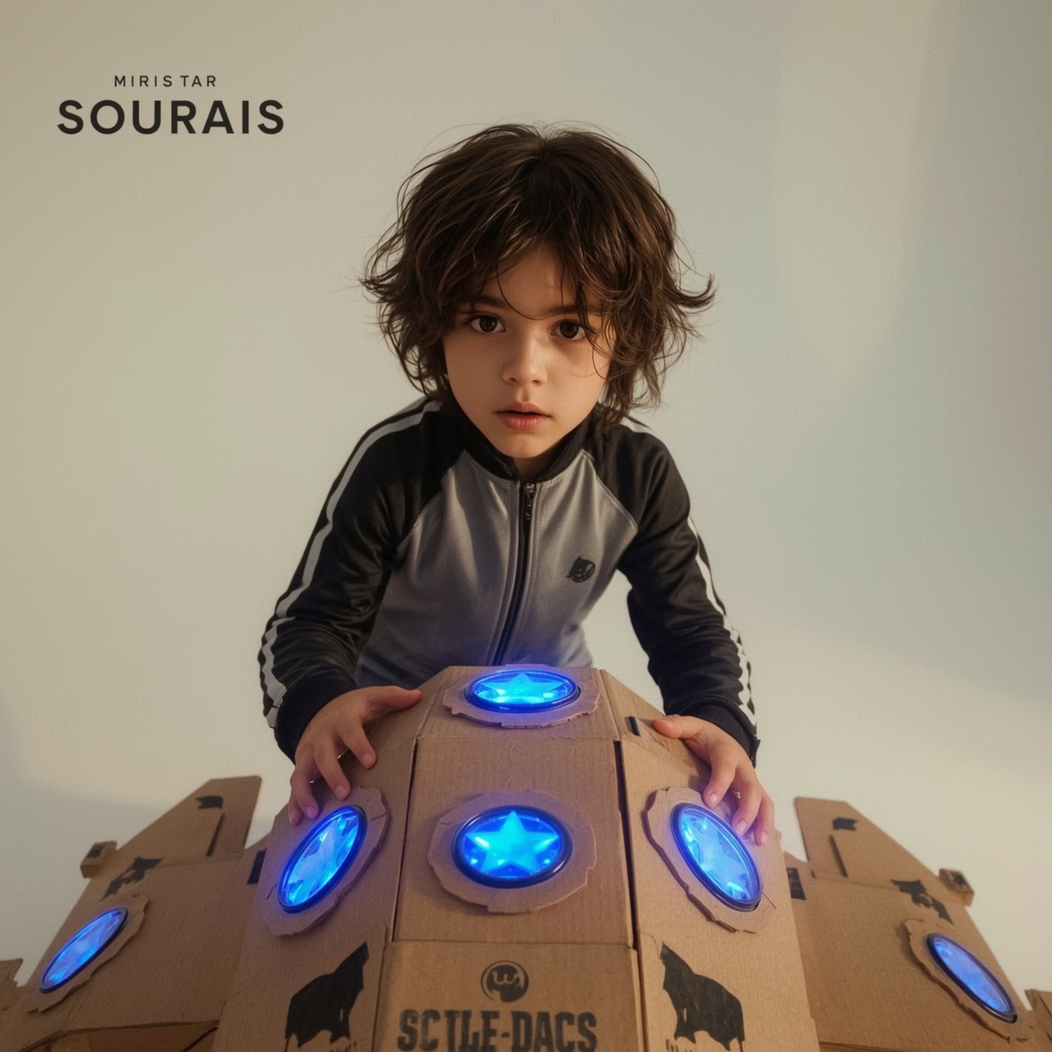 Exquisite high-fashion photography captures a boy with almond eyes and curly brown hair building a giant, intricately detaile