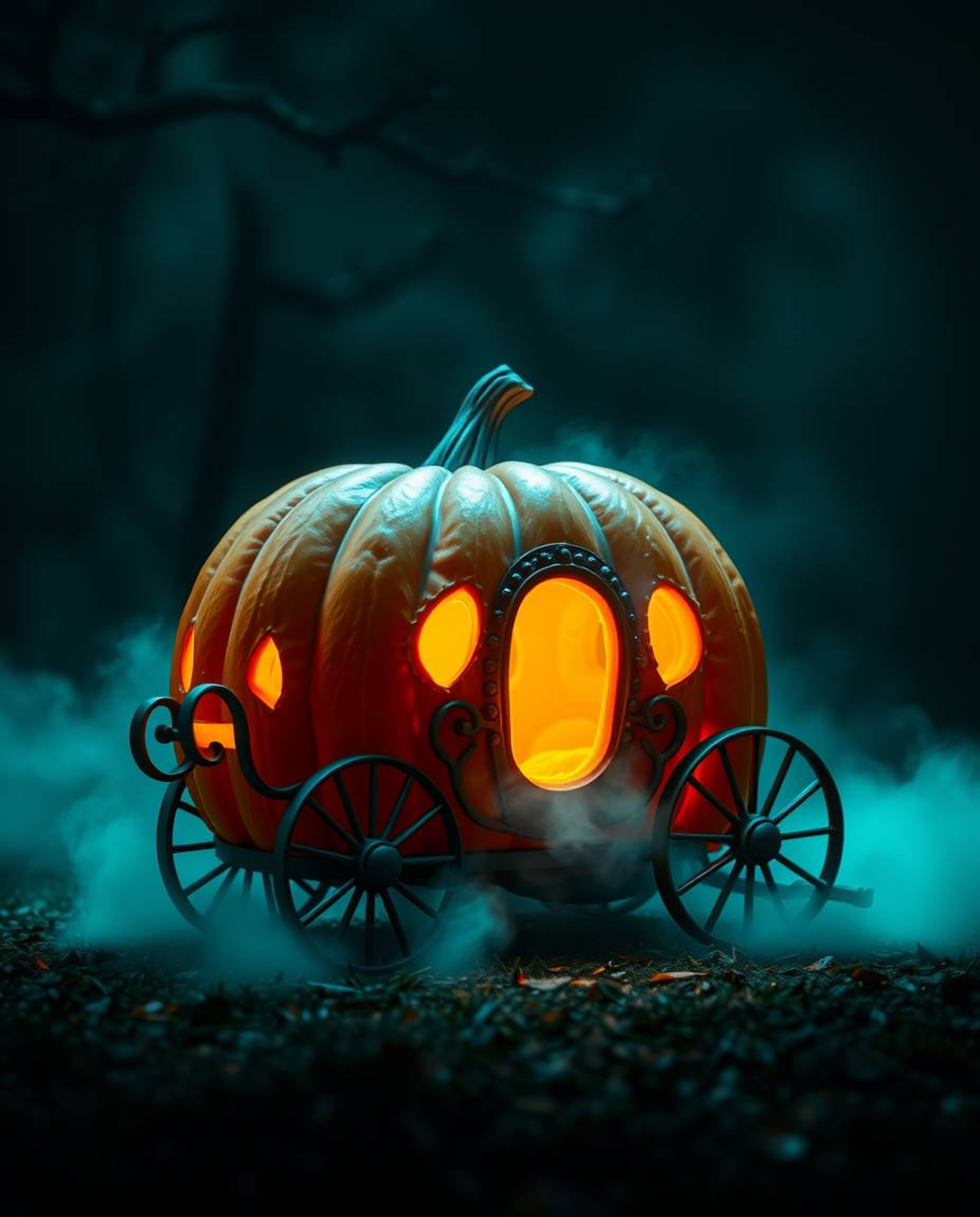 A captivating cinematic scene depicts a magical pumpkin transforming into a carriage.  The warm terracotta and cool teal colo