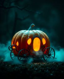 A captivating cinematic scene depicts a magical pumpkin transforming into a carriage.  The warm terracotta and cool teal colo