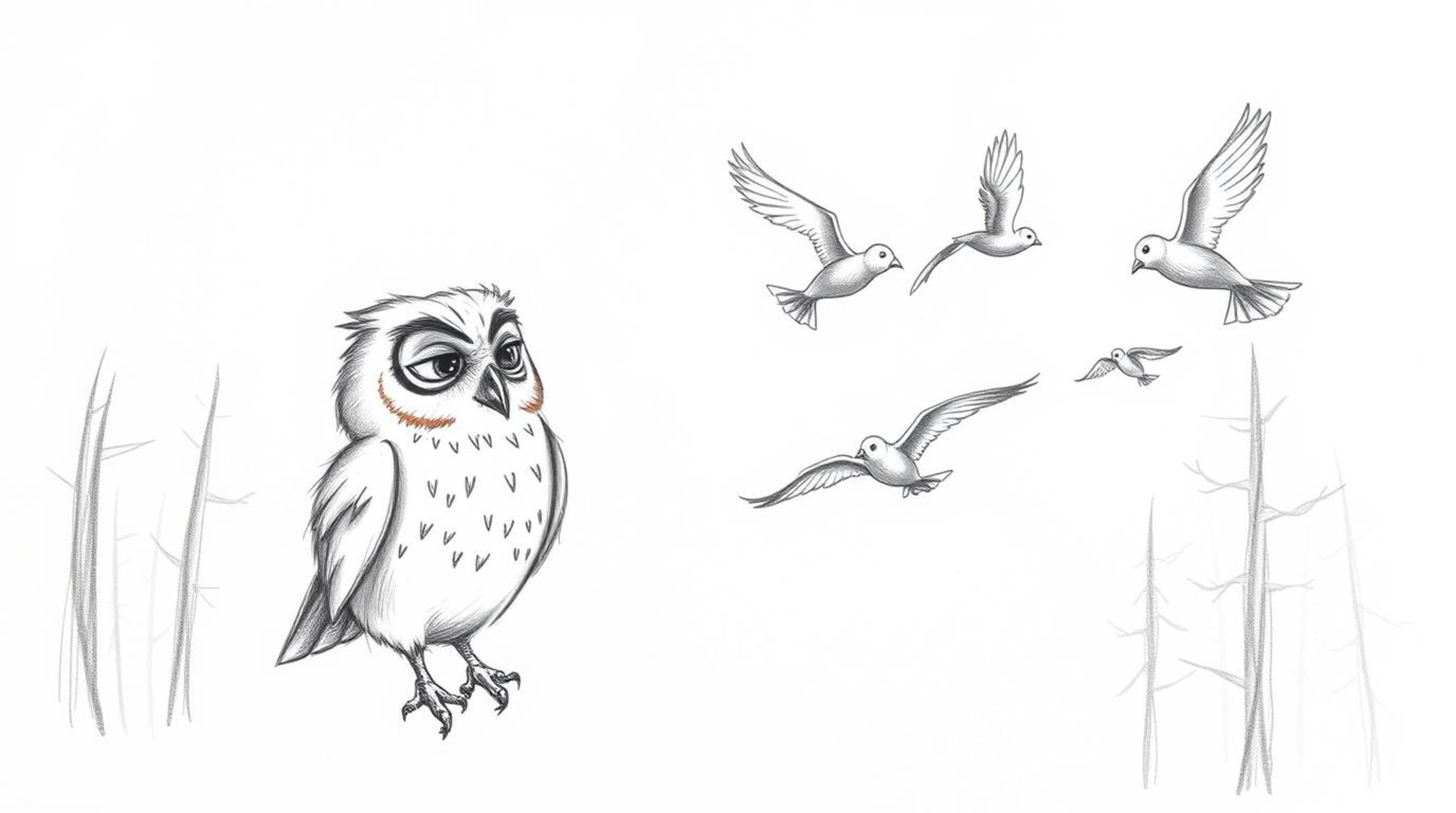 A heartwarming hand-drawn sketch in the style of Pixar depicts a wise, blind owl with soft feathers patiently teaching a floc