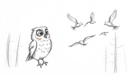 A heartwarming hand-drawn sketch in the style of Pixar depicts a wise, blind owl with soft feathers patiently teaching a floc