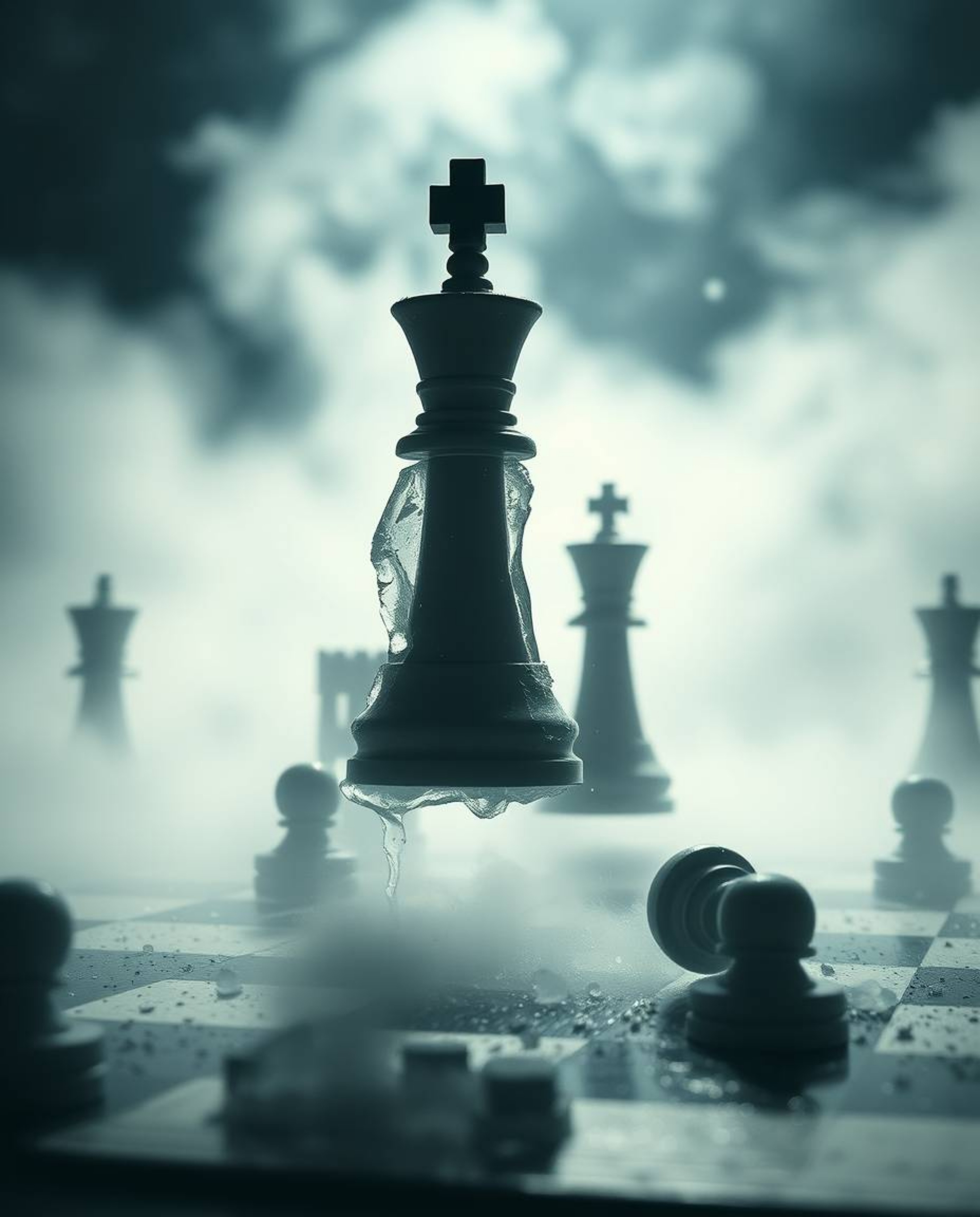 A captivating cinematic image showcasing a chessboard frozen in time amidst a chaotic destruction. Chess pieces hover mid-air