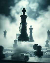 A captivating cinematic image showcasing a chessboard frozen in time amidst a chaotic destruction. Chess pieces hover mid-air
